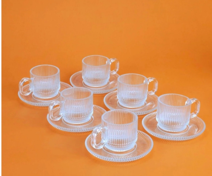 فنجون نعلبکی شیاردار دسته مربعی برند YUYUAN GLASS